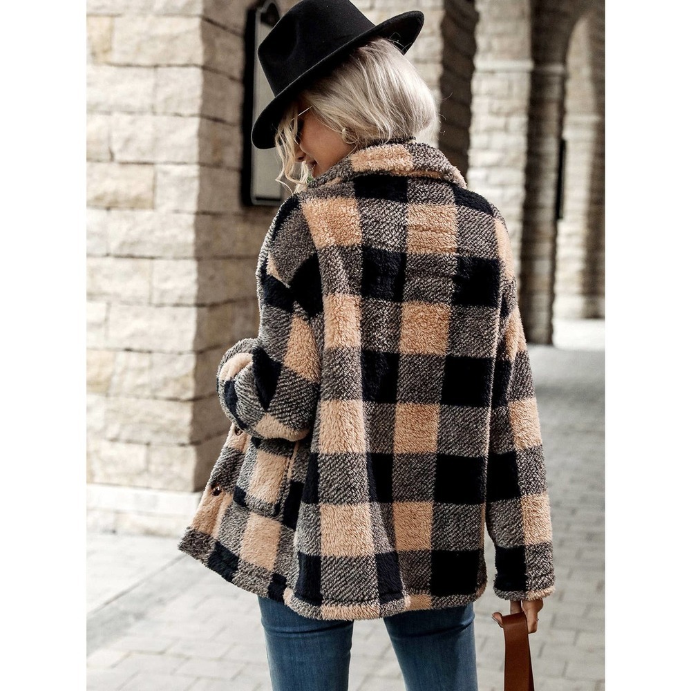 LAST 1 ❤️ Black brown Buffalo Plaid Dual Pocket fuzzy teddy Coat preppy - Picture 2 of 3